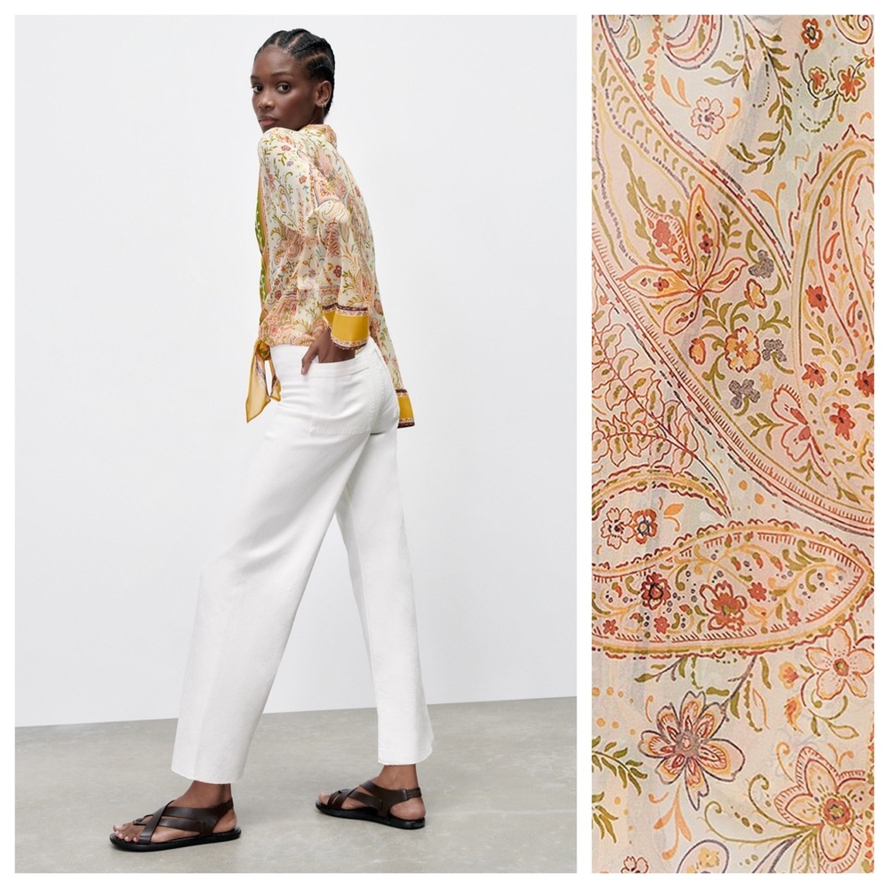 NWT. Zara Cream/Beige Paisley Printed Chiffon Blouse. Size L. - Picture 3 of 10